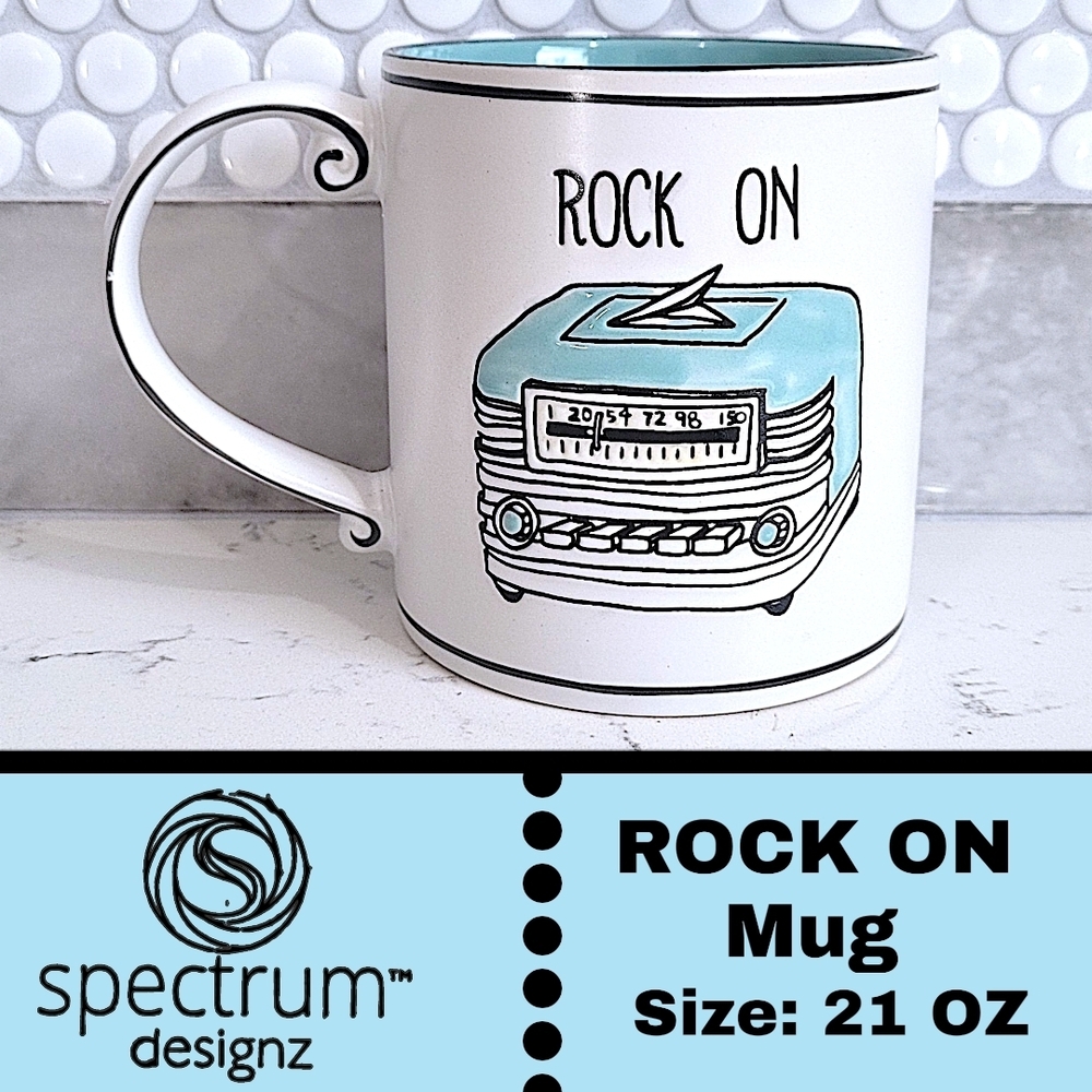 Spectrum Designz Retro Mug ROCK ON Radio Design Blue and White Colors